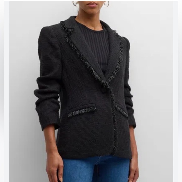 Cinq a Sept Kimmie Metallic Fringe Ruched Sleeve Blazer in Black New with Tags! - Picture 2 of 13